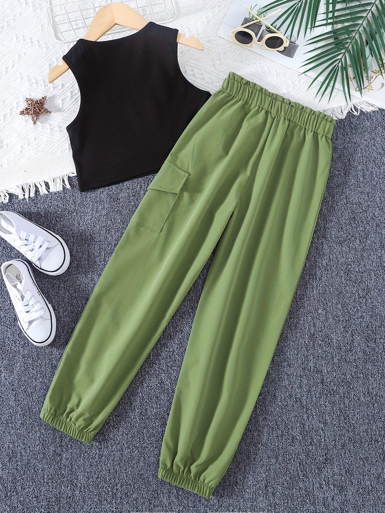 Girls Sleeveless Tank Top & Cargo Pants Set Kids Summer Clothes