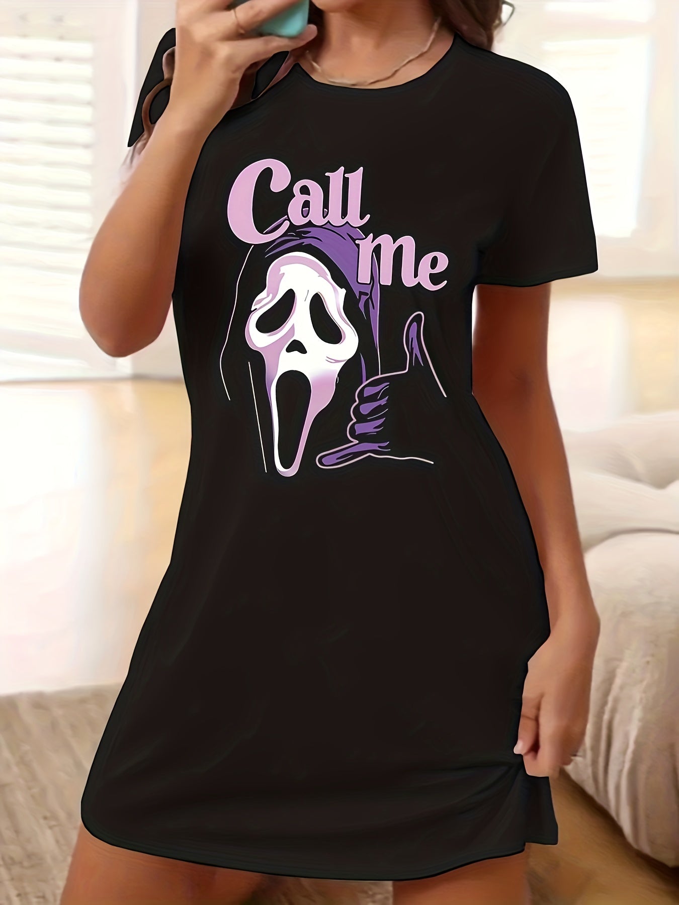Funny Ghost & Slogan Print Short Sleeve Tee Dress