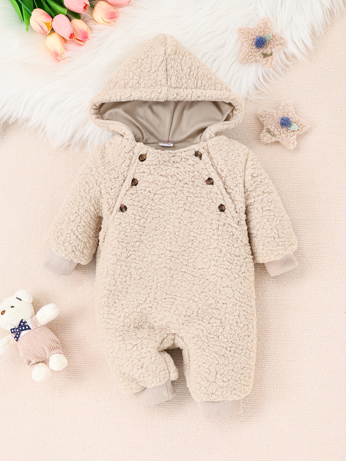 Baby Thermal Hooded Jumpsuit, Warm Furry Onesie for Girls Boys