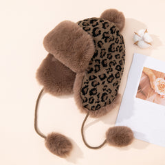 Leopard Print Fleece Lined Hat with Pom Pom