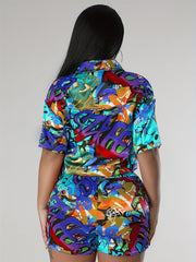 Women's Casual Letter Graffiti 2pc Set Crop Shirt & Shorts