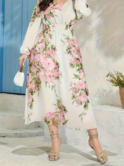Abaya Dress Floral Print Lantern Sleeve V Neck Maxi Jalabiya Dress