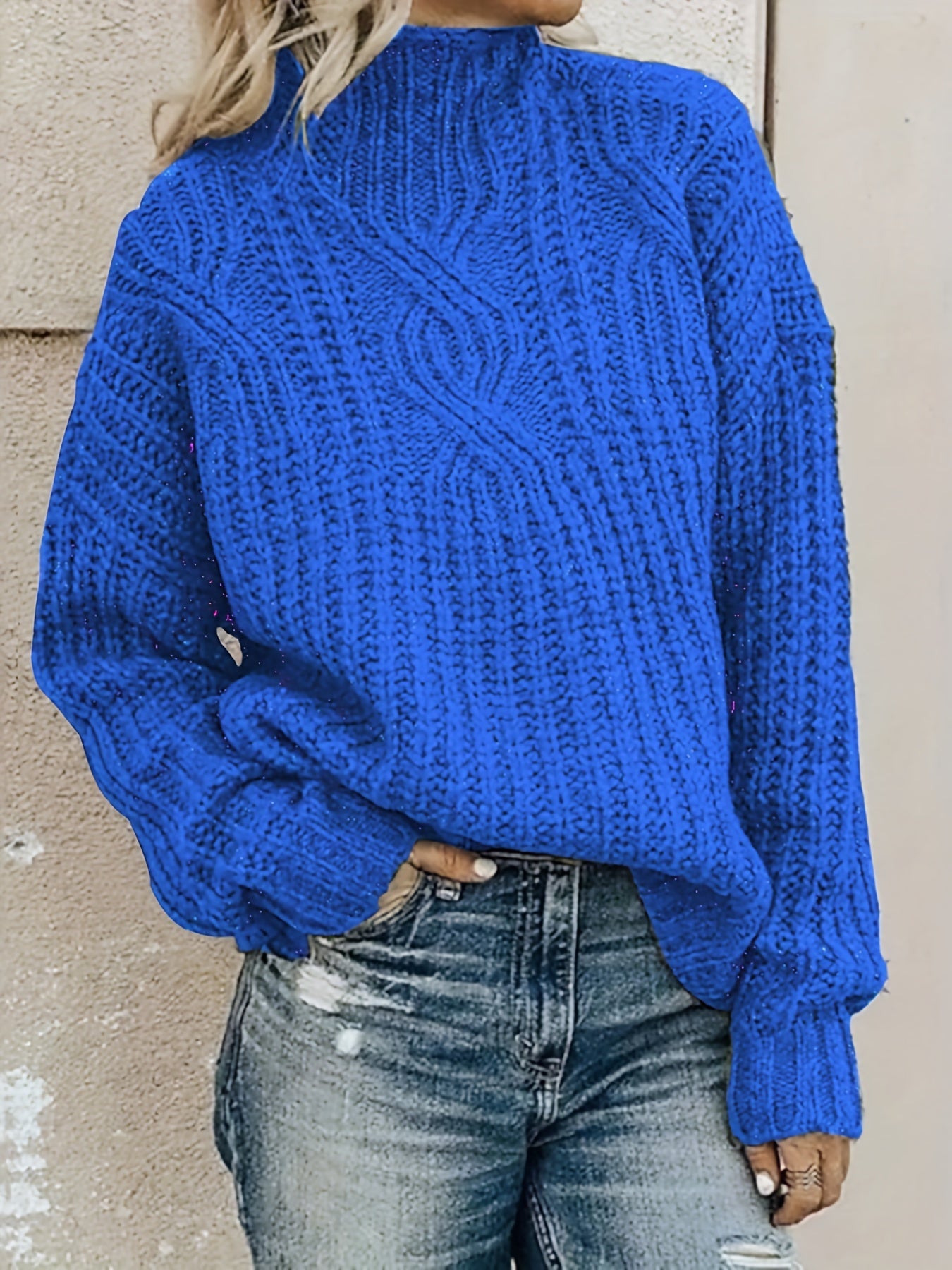 Plaid Cable Knit Sweater Long Sleeve Turtle Neck Pullover