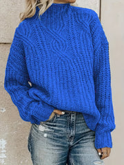 Plaid Cable Knit Sweater Long Sleeve Turtle Neck Pullover