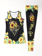 Sunflower Print Fitness Set Sleeveless Tank Top & Leggings Outfit