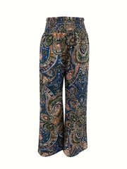 Floral Print Wide Leg Pants Casual Shirred Waist Pants
