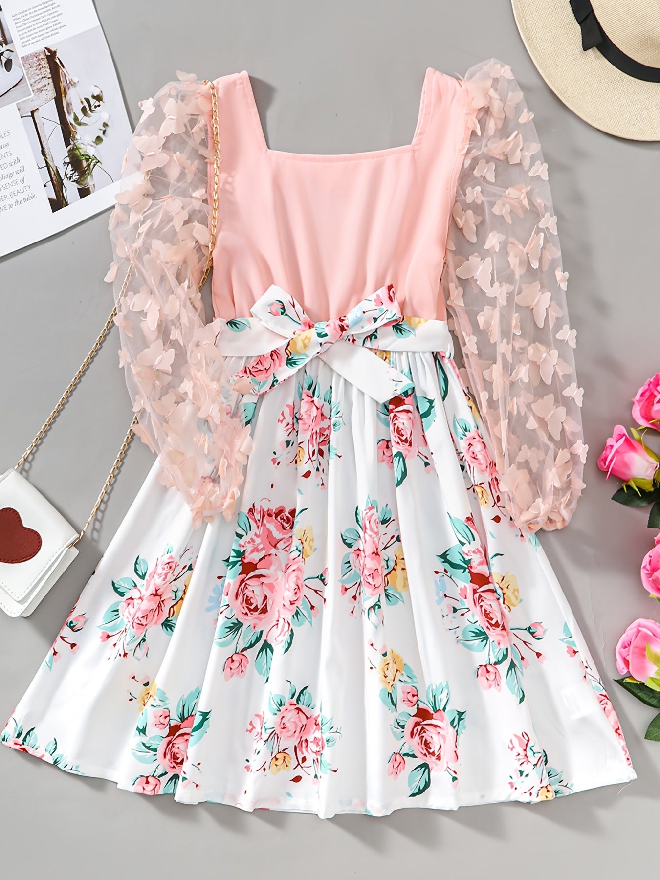 Girls Butterfly Lace Sleeve Floral Princess Dress For Party Vacation
