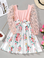 Girls Butterfly Lace Sleeve Floral Princess Dress For Party Vacation
