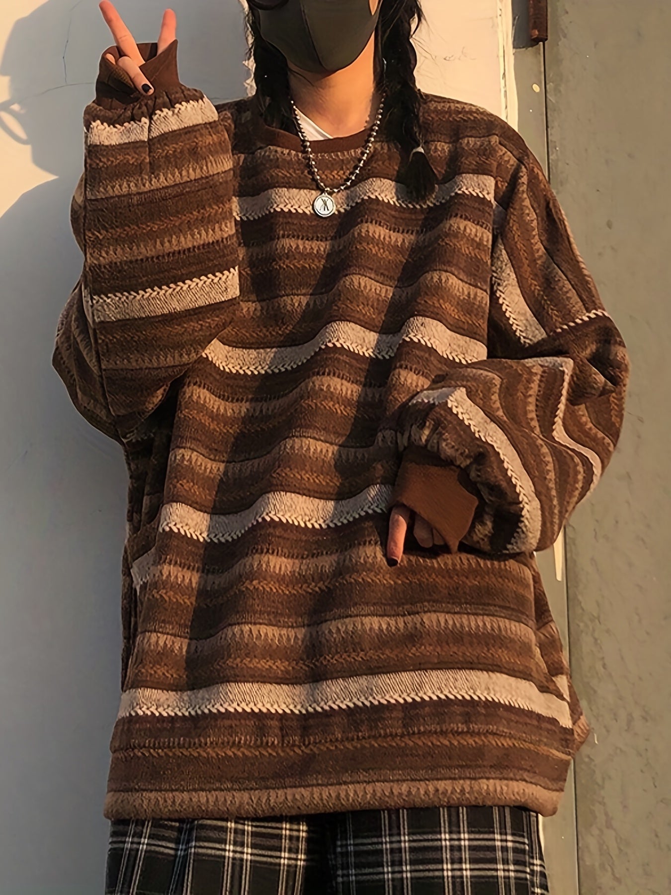 Striped Drop Shoulder Sweatshirt Casual Crew Neck Pullover