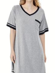 Colorblock Stripe Print V Neck Short Sleeve Dress