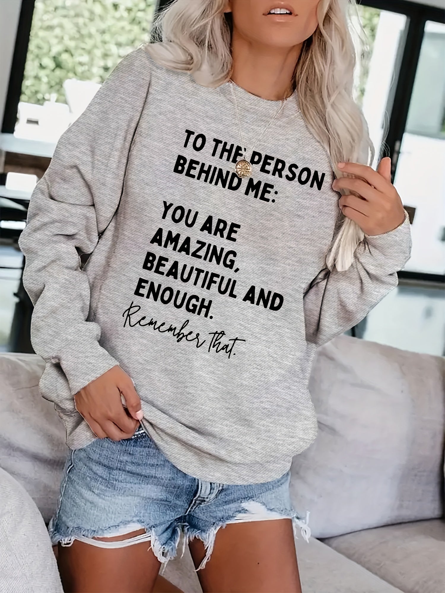 Letter Print Pullover Sweatshirt Long Sleeve Crew Neck Casual for Fall & Winter