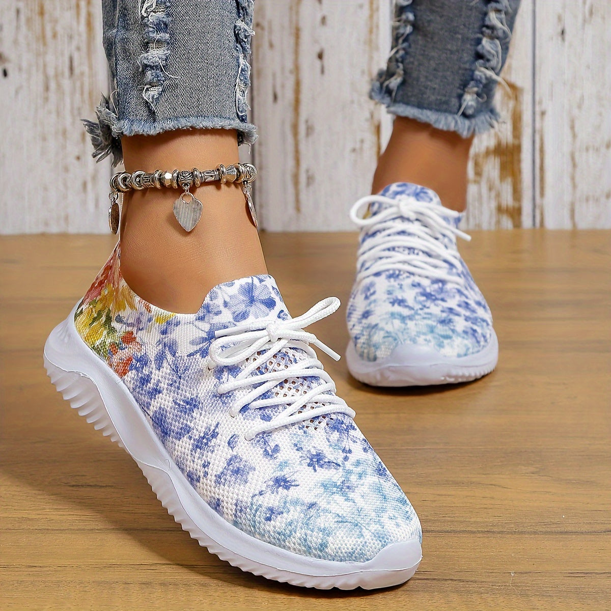 Floral Pattern Lace-up Sneakers for Women
