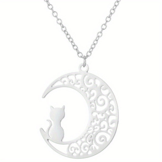 Moon Cat Necklace Stainless Steel Hollowed Out Collarbone Accessory