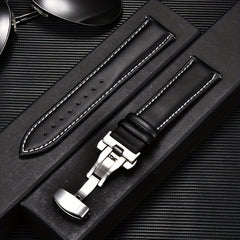Double Press Solid Butterfly Buckle Leather Strap 18mm-24mm