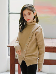 Girls Knitted High Neck Sweater Button Warm Pullover for Fall Winter Party