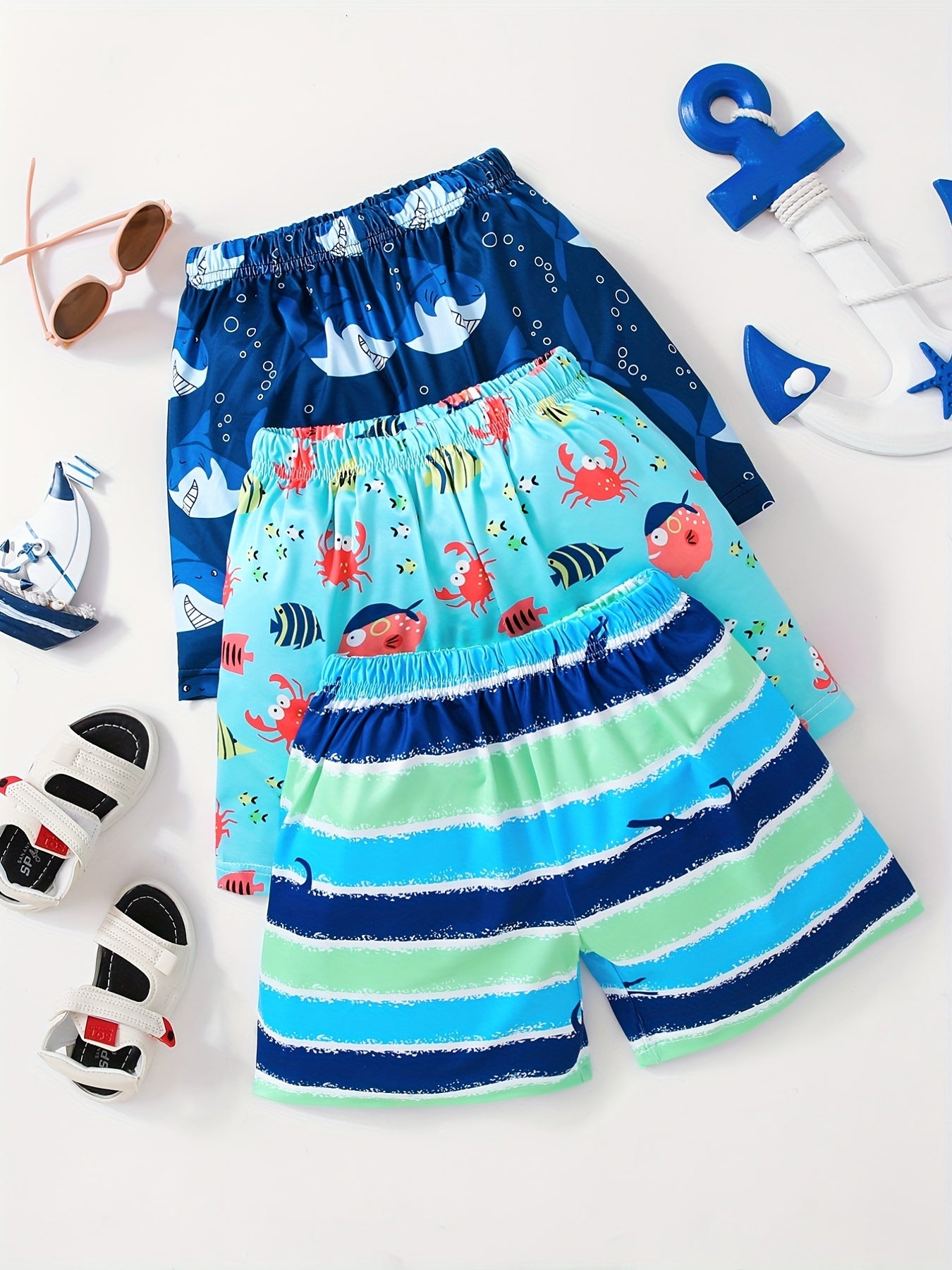 Boys Cartoon Crab Shark Striped Casual Shorts for Kids Summer Vacation Beach