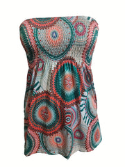 Geometric Print Shirred Tube Top Sleeveless Summer Top