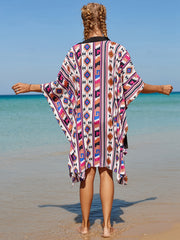 Geometric Print Cover Up Shirt Loose Fit V Neck Split Beachwear Kimono