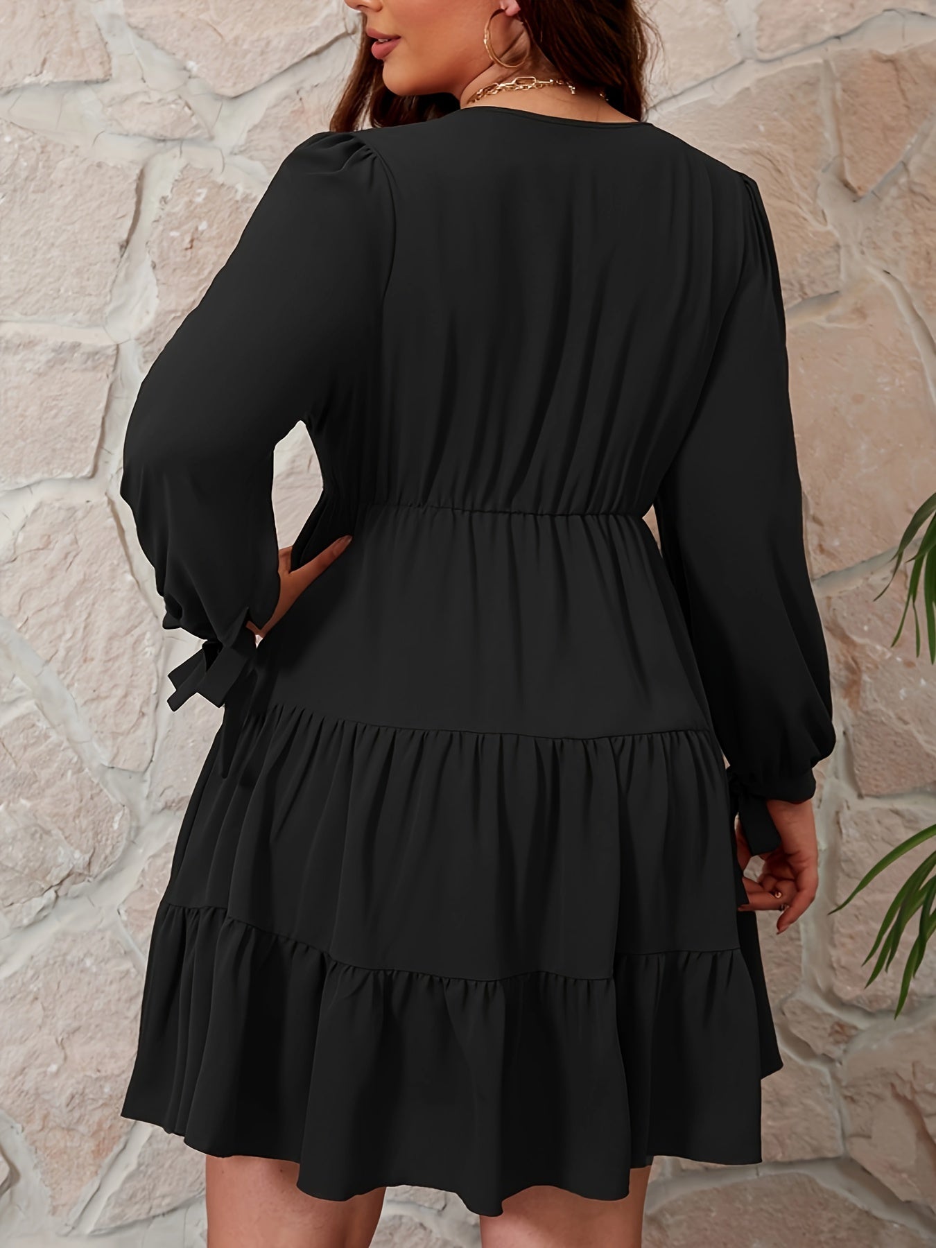 Solid Tie Long Sleeve Ruffle Trim Smock Dress