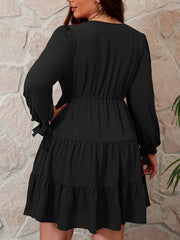 Solid Tie Long Sleeve Ruffle Trim Smock Dress