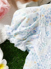 Toddler Girls Puff Sleeve Lace Frill Trim Flowers Graphic Princess Dress