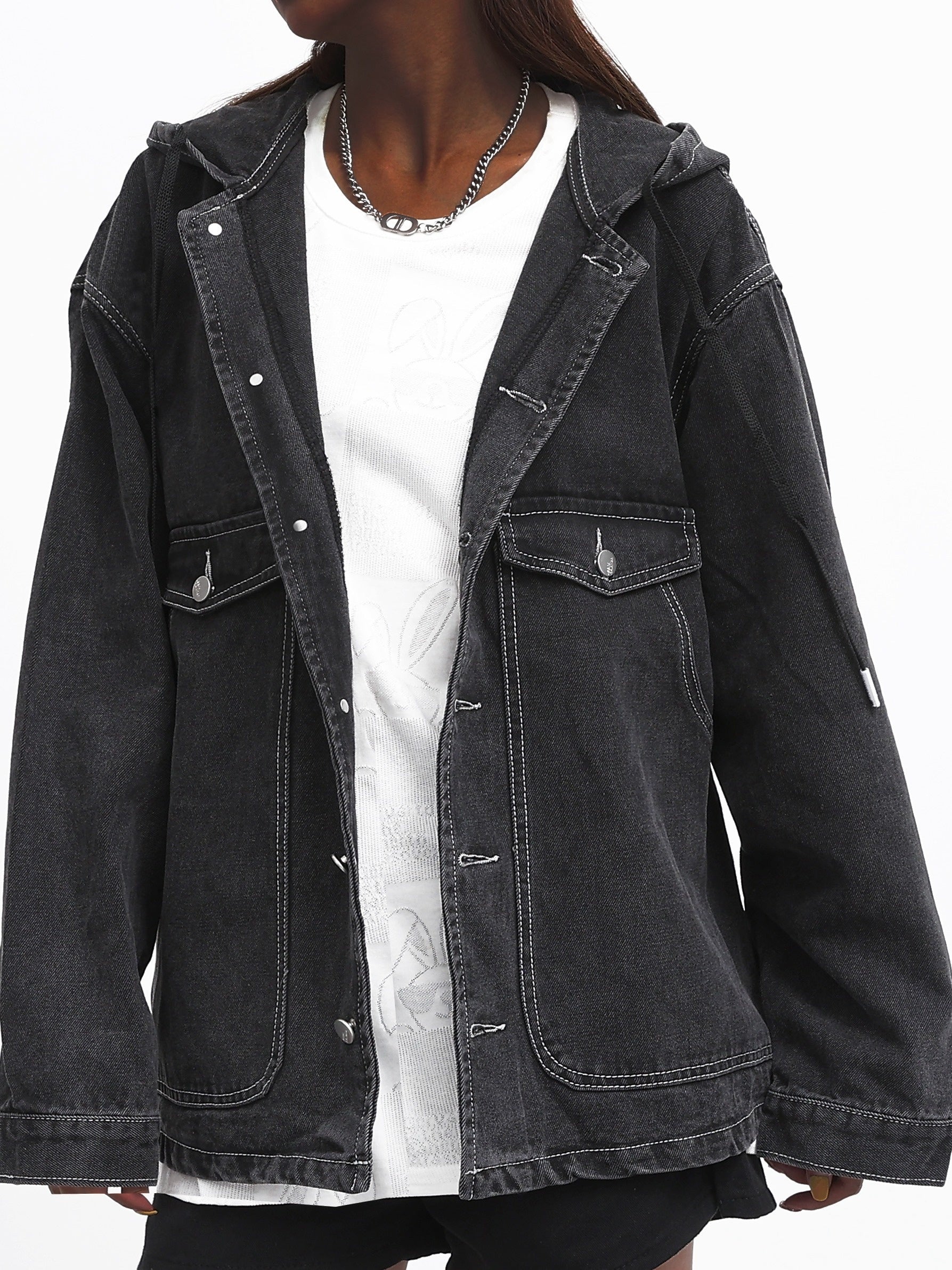 Solid Hooded Denim Jacket with Pockets