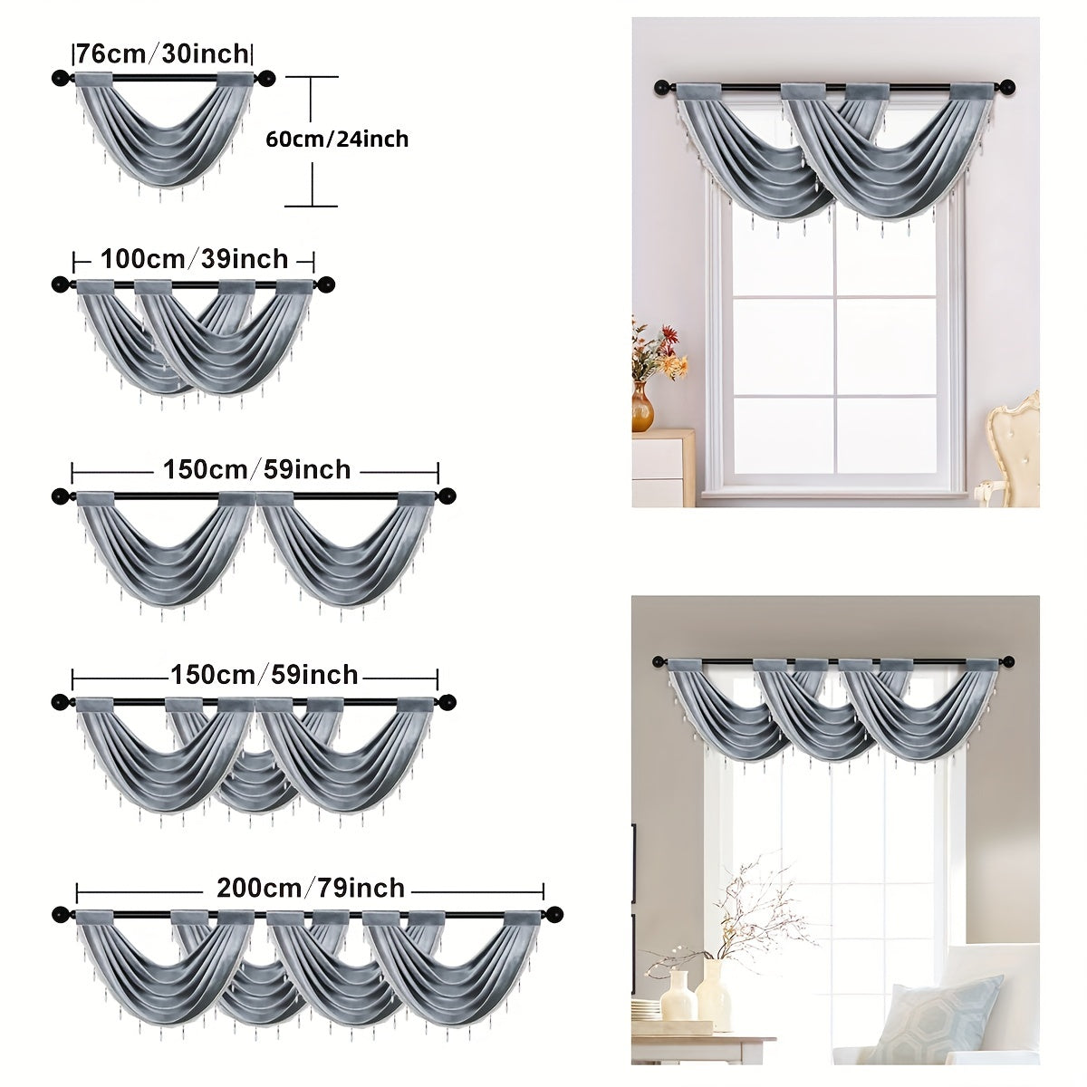 European Style Fleece Window Mantle with Tassel Bead Edge 30x24 Inches