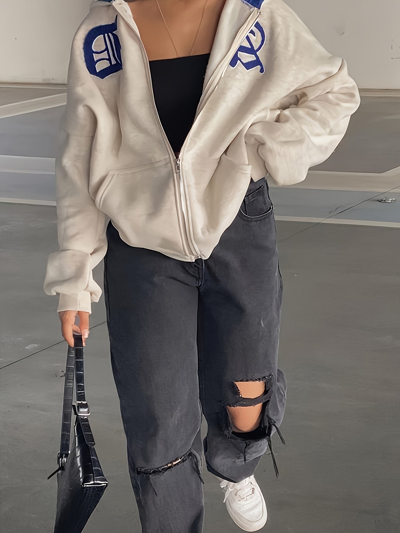Letter Print Zip Up Hoodie Long Sleeve Casual Sweatshirt
