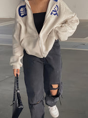Letter Print Zip Up Hoodie Long Sleeve Casual Sweatshirt