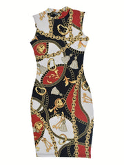 Chain Print Tank Dress Crew Neck Sleeveless Bag Hip Dress