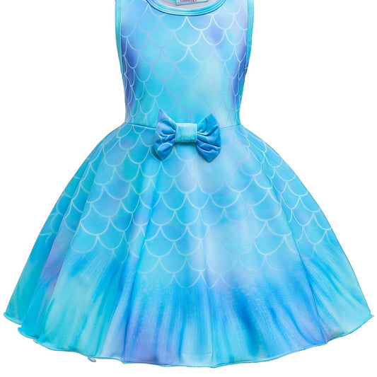 Girls Mermaid Print Sleeveless Dress Kids Summer Clothes