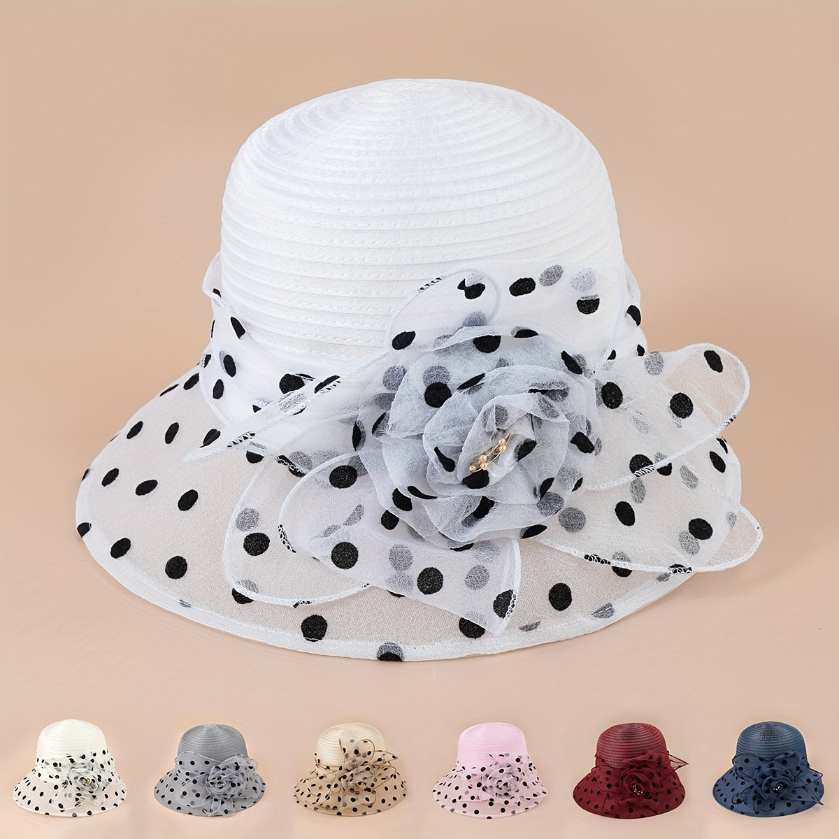 Polka Dot Organza Derby Hat French Mesh Flower Sun Hat Solid Church Hat