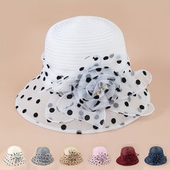 Polka Dot Organza Derby Hat French Mesh Flower Sun Hat Solid Church Hat