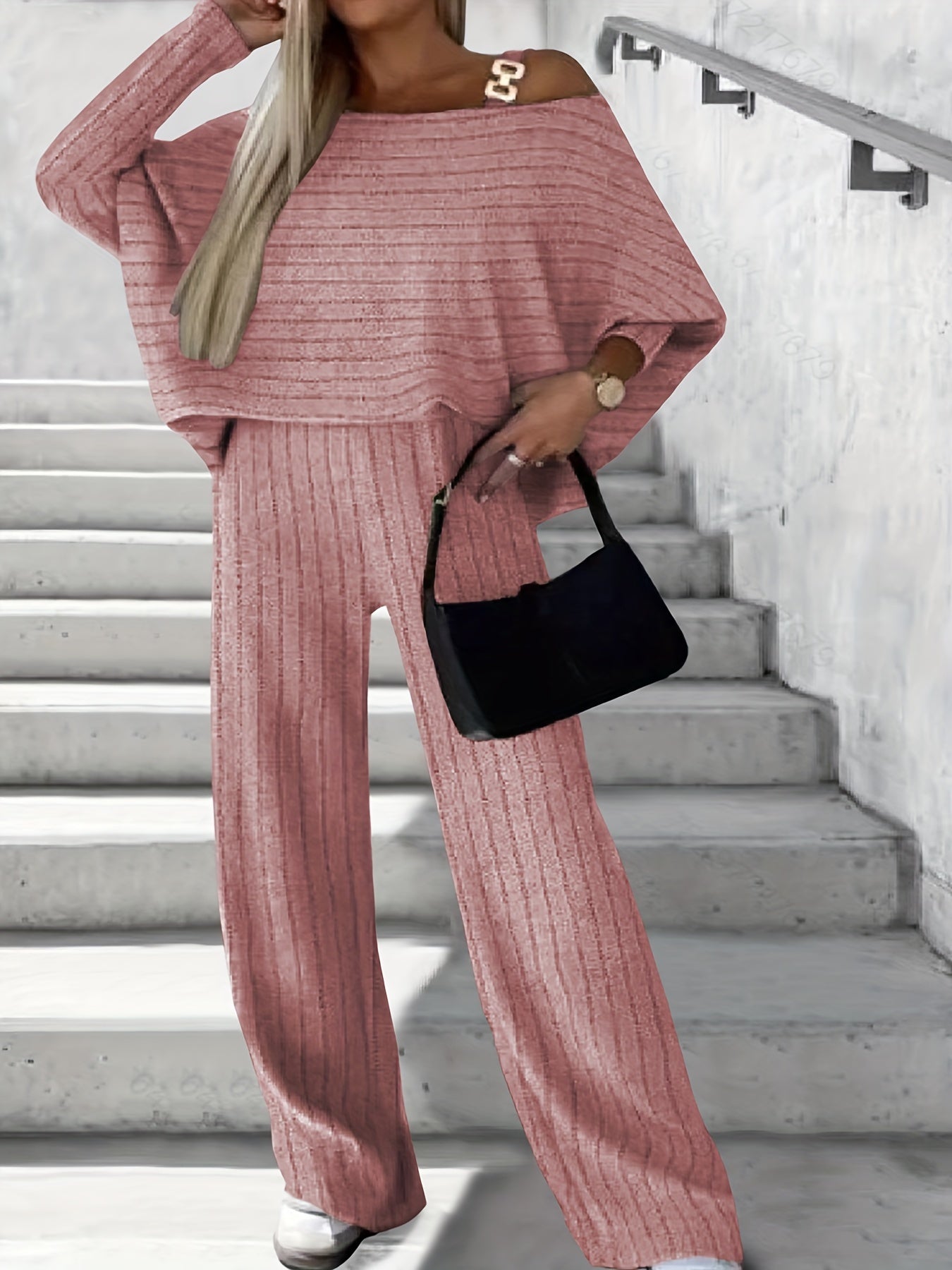 Ribbed Bat Sleeve One Shoulder Top & Pants Set