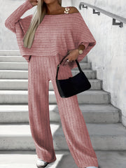 Ribbed Bat Sleeve One Shoulder Top & Pants Set