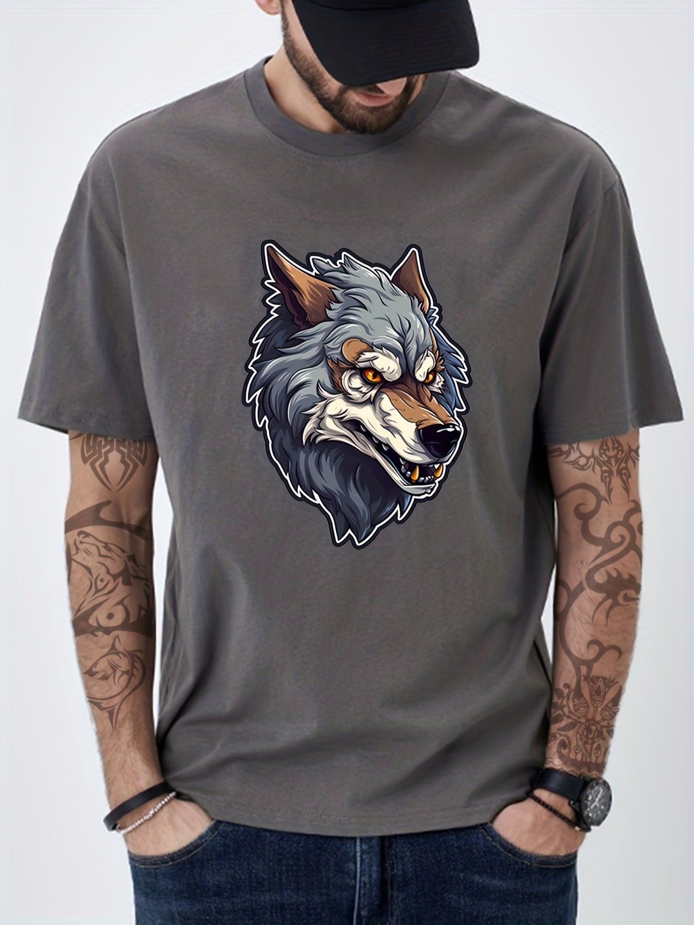 Anime Wolf Print Men's Cotton T-shirt for Summer Vacay