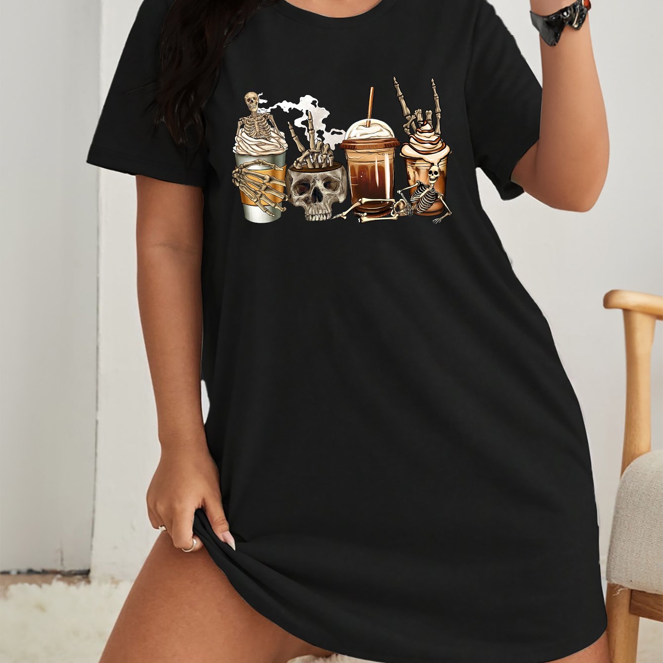 Women's Plus Size Skull Coffee Print Lounge Dress