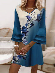 Floral Print Layered Sleeve V Neck Boho Dress