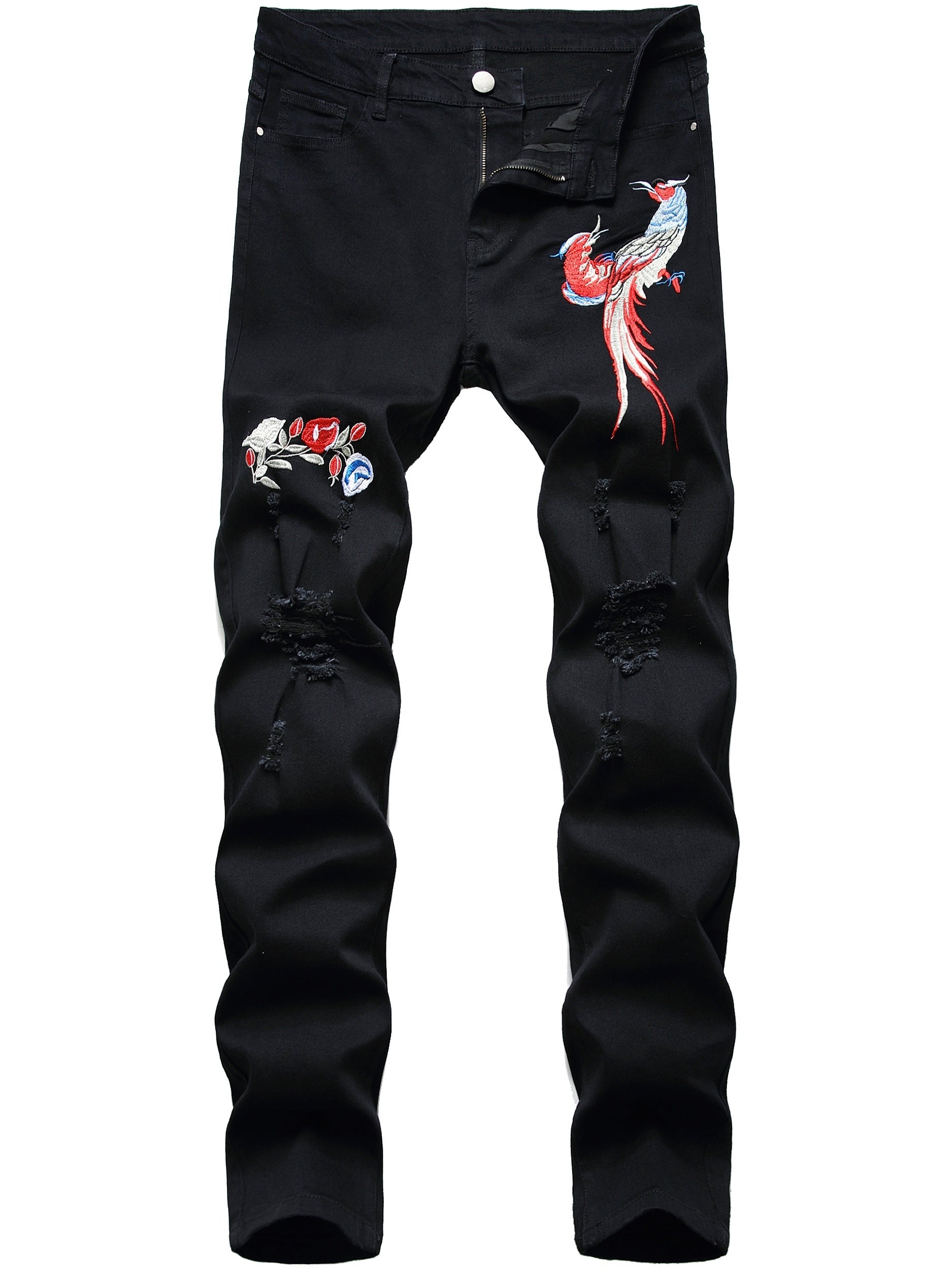 Slim Fit Embroidery Bird Ripped Jeans Men's Casual Medium Stretch Denim Pants