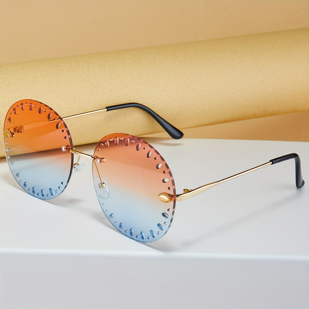 Rimless Round Sunglasses Ombre Lens Hollow Glasses