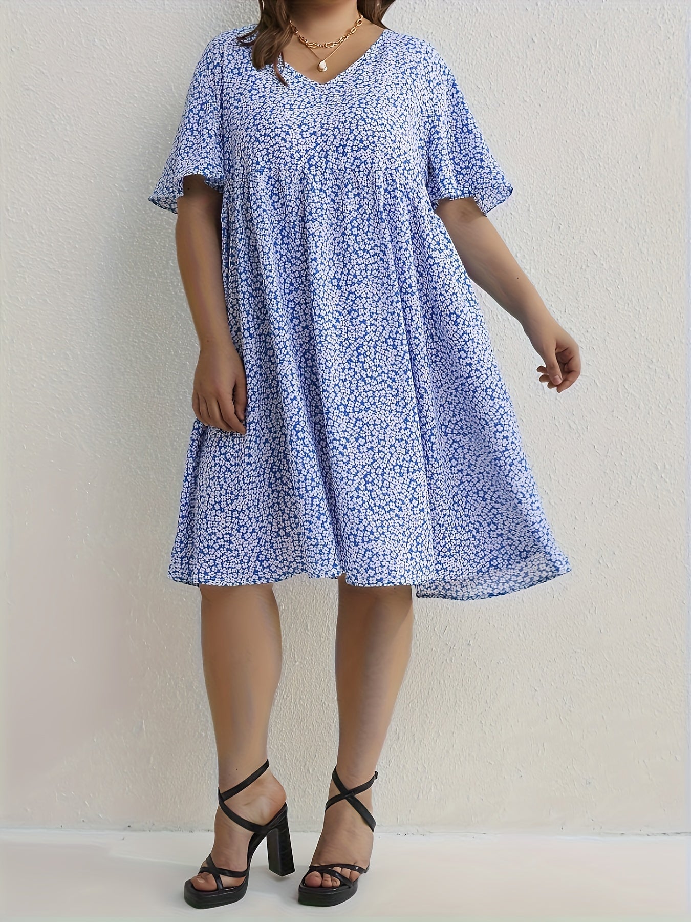 Floral Print V Neck Dress Cap Sleeve Casual Stretch Women's