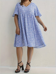 Floral Print V Neck Dress Cap Sleeve Casual Stretch Women's