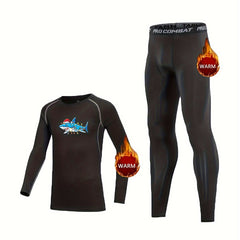 Christmas Shark Print Kids Fleece Lined Compression Base Set