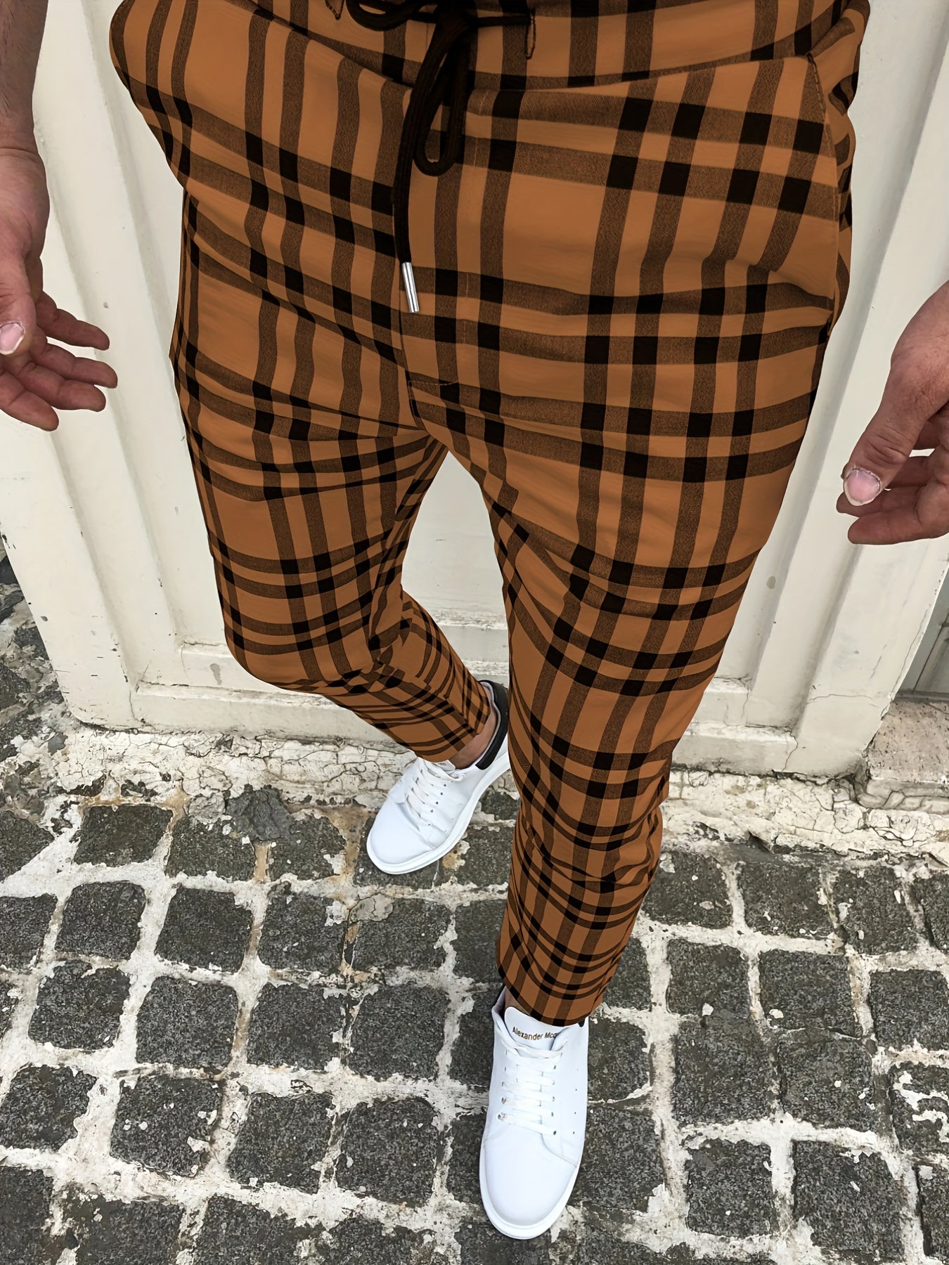 Plaid Slacks Men s Drawstring Trousers Retro Style Stretch Waist