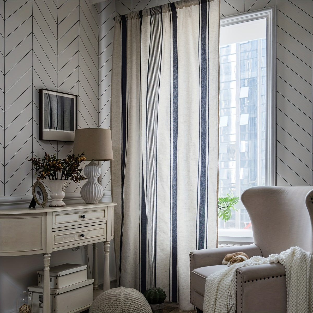 Stripe Navy Kitchen Curtain Half Blackout Cotton Linen Curtain
