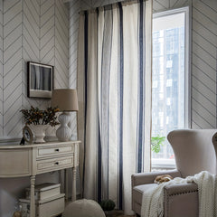Stripe Navy Kitchen Curtain Half Blackout Cotton Linen Curtain