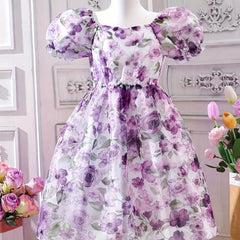 Purple Floral Puff Sleeve Princess Dress for Girls