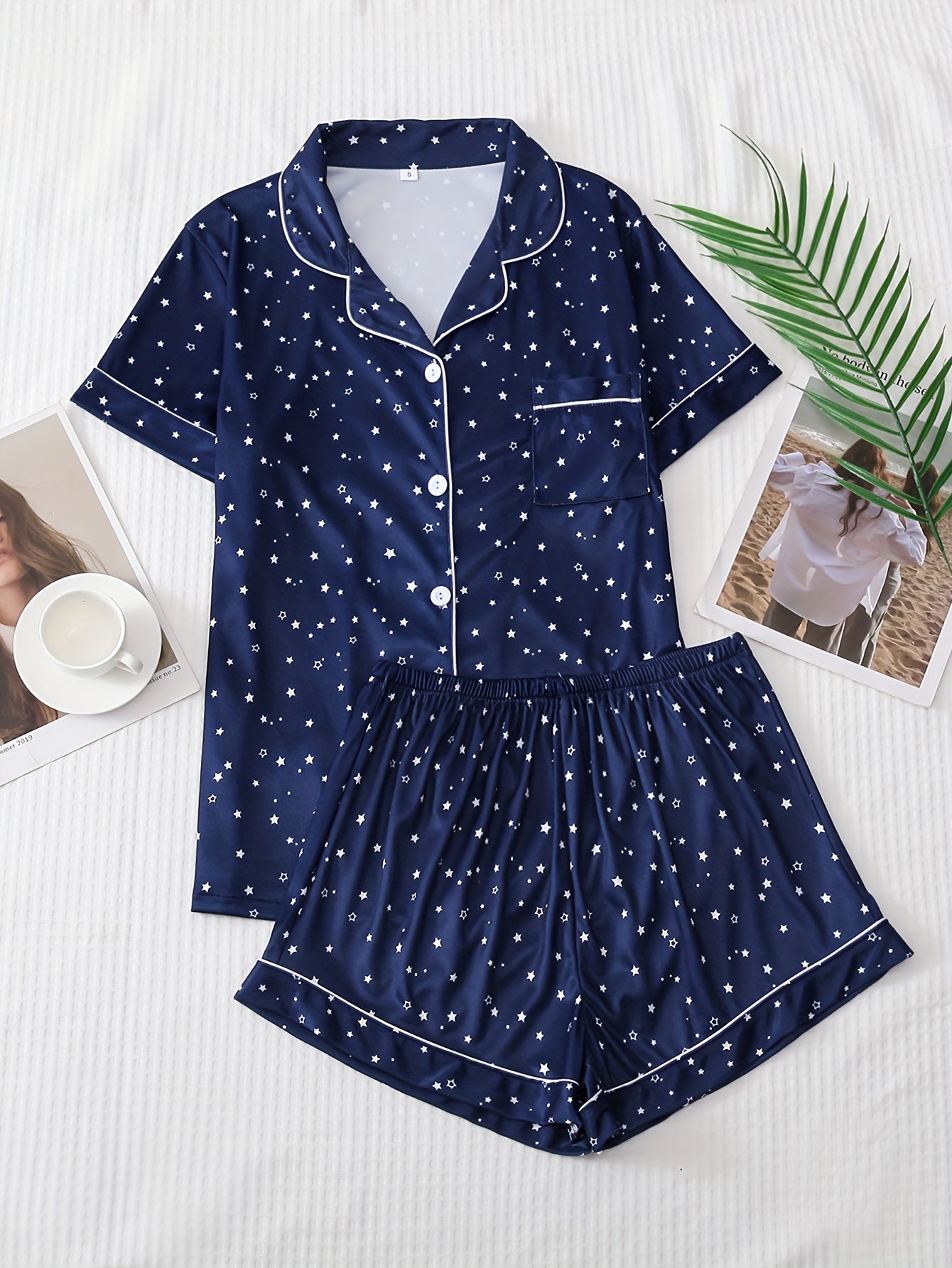 Star Print Pajama Set Short Sleeve Lapel Top & Elastic Waistband Shorts