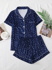 Star Print Pajama Set Short Sleeve Lapel Top & Elastic Waistband Shorts