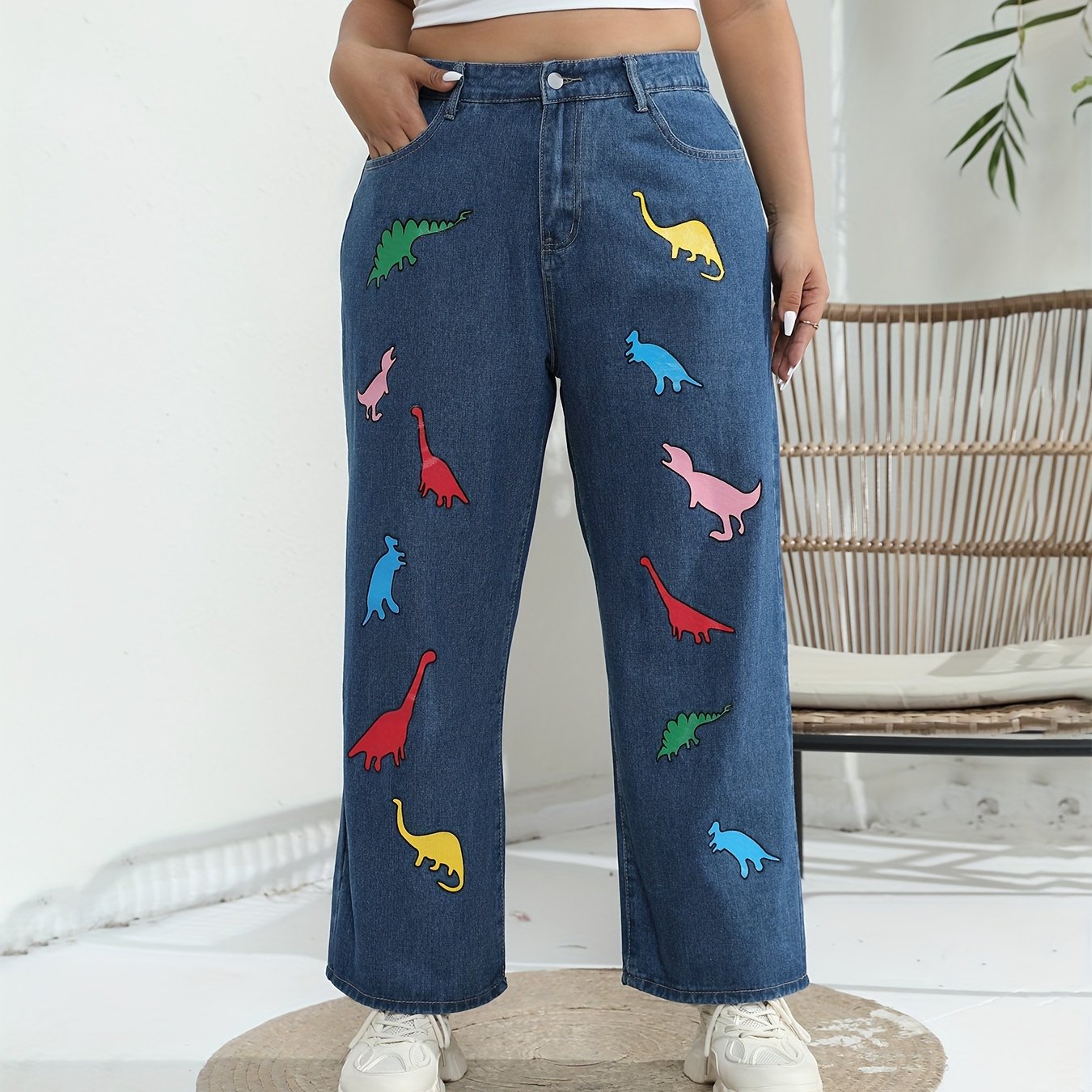 Plus Size Women's Dinosaur Print Wide Leg Jeans